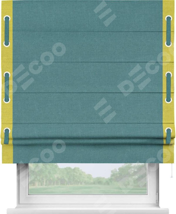 Римская штора «Кортин» с кантом Стрим Дуо (люверсы с пояском), для проема, ткань лён бирюзовый