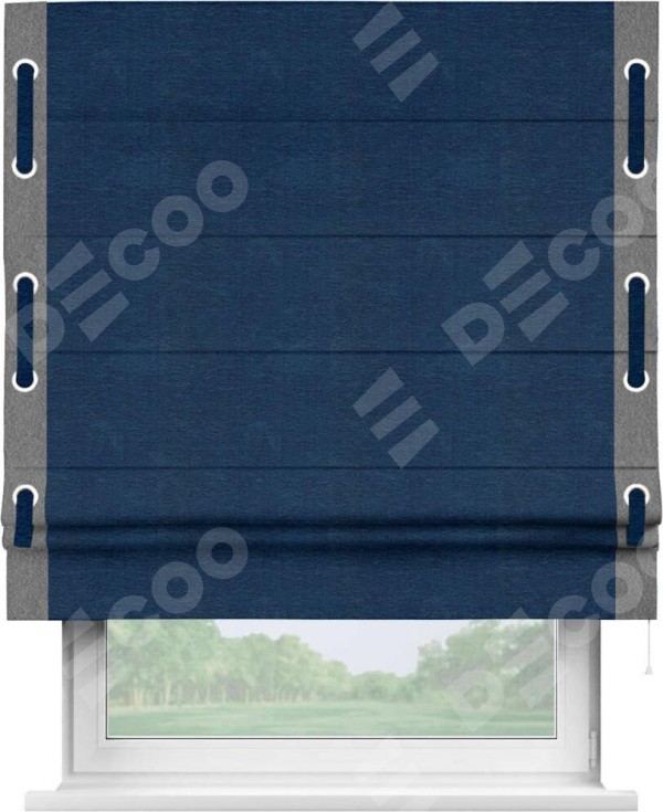 Римская штора «Кортин» с кантом Стрим Дуо (люверсы с пояском), для проема, ткань софт однотонный синий