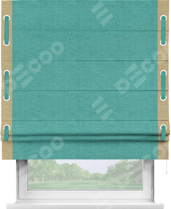 Римская штора «Кортин» с кантом Стрим Дуо (люверсы с пояском), для проема, ткань лён изумрудный