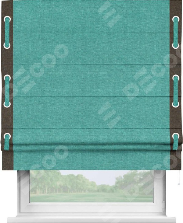 Римская штора «Кортин» с кантом Стрим Дуо (люверсы с пояском), для проема, ткань лён изумрудный