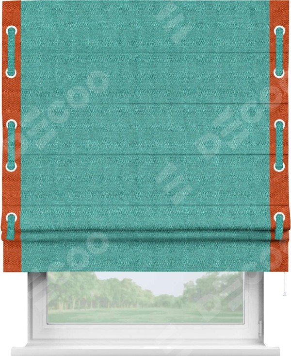 Римская штора «Кортин» с кантом Стрим Дуо (люверсы с пояском), для проема, ткань лён изумрудный