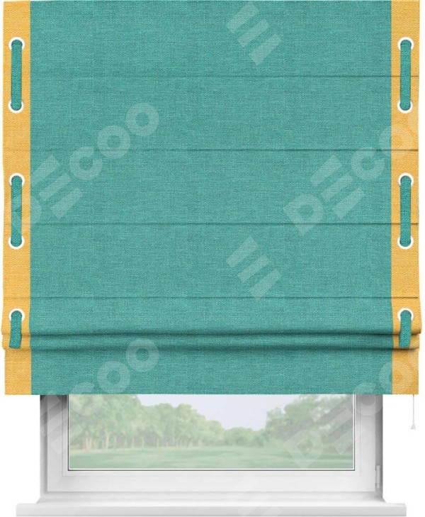 Римская штора «Кортин» с кантом Стрим Дуо (люверсы с пояском), для проема, ткань лён изумрудный