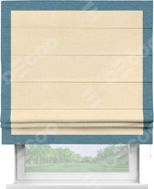 Римская штора «Кортин» с кантом Чесс, для проема, выполнена в ткани лён бежевый