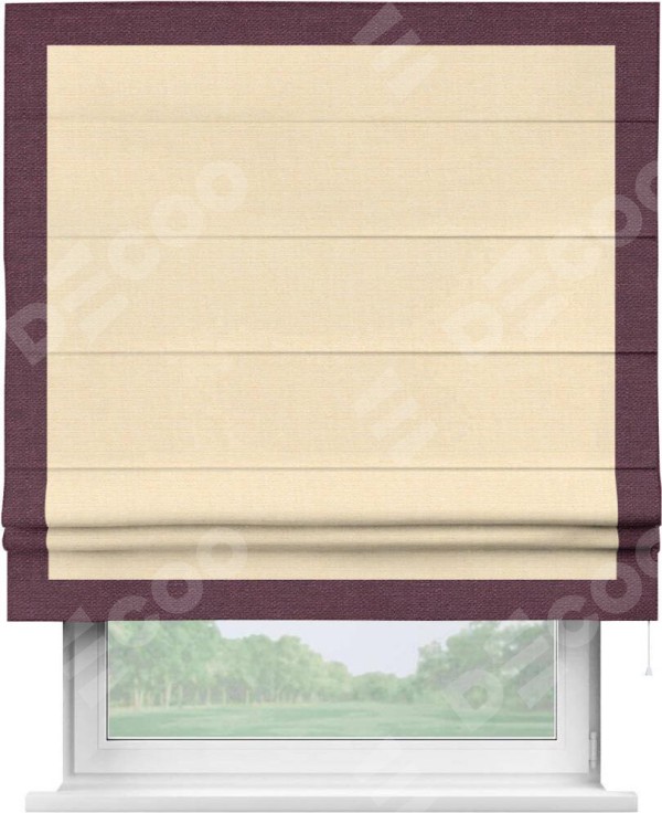 Римская штора «Кортин» с кантом Чесс, для проема, выполнена в ткани лён бежевый