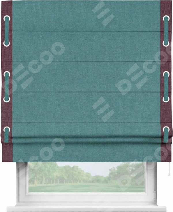 Римская штора «Кортин» с кантом Стрим Дуо (люверсы с пояском), для проема, ткань лён бирюзовый