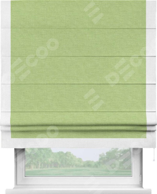Римская штора «Кортин» с кантом Виктория, для проема, ткань лён зеленый