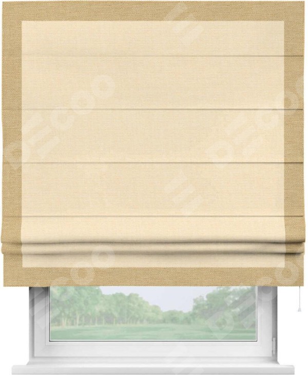 Римская штора «Кортин» с кантом Чесс, для проема, выполнена в ткани лён бежевый