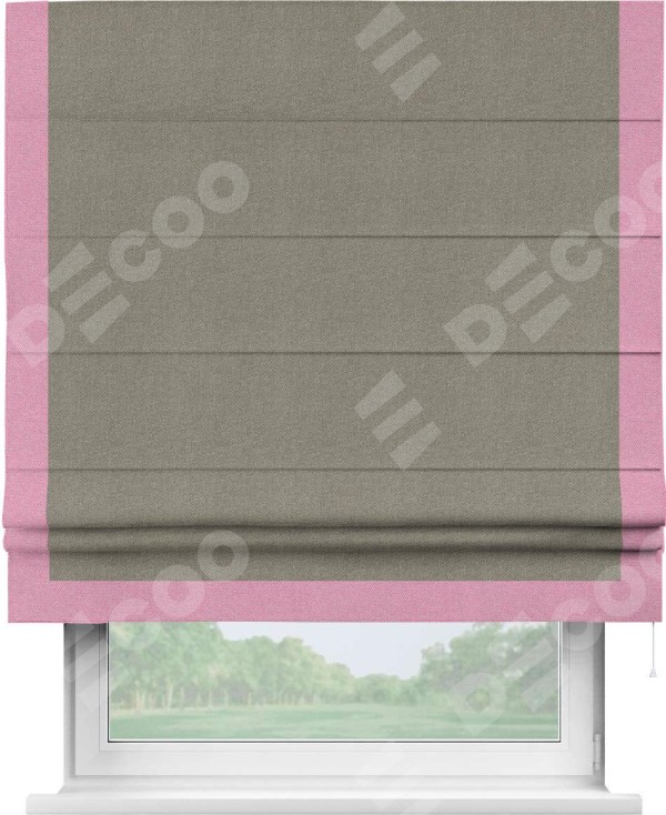 Римская штора «Кортин» с кантом Виктория, для проема, ткань лён димаут, серо-зелёный