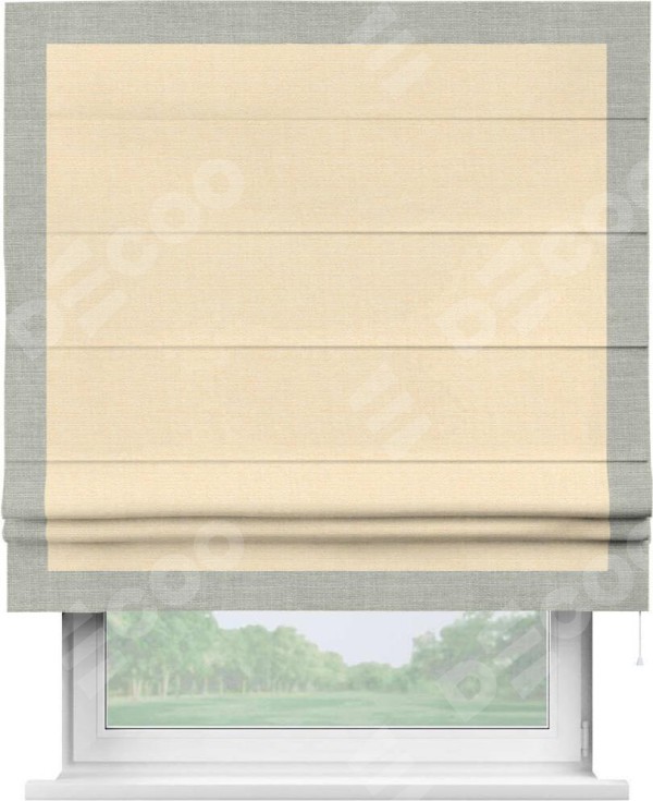 Римская штора «Кортин» с кантом Чесс, для проема, выполнена в ткани лён бежевый