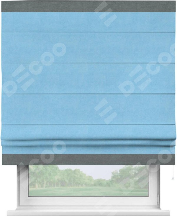 Римская штора «Кортин» с кантом Горизонт, для проема, ткань вельвет голубой