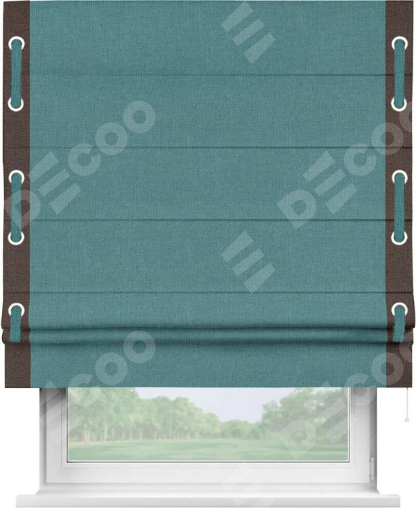 Римская штора «Кортин» с кантом Стрим Дуо (люверсы с пояском), для проема, ткань лён бирюзовый