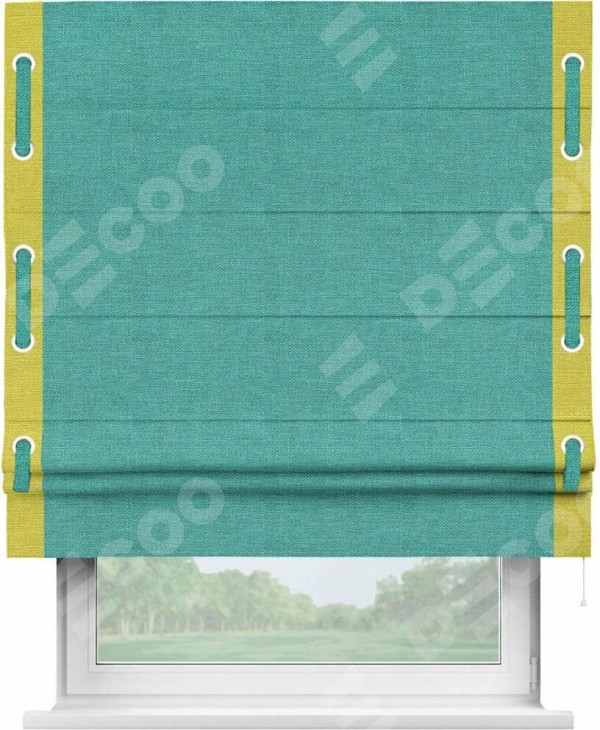 Римская штора «Кортин» с кантом Стрим Дуо (люверсы с пояском), для проема, ткань лён изумрудный