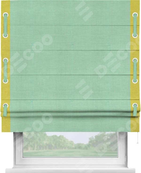 Римская штора «Кортин» с кантом Стрим Дуо (люверсы с пояском), для проема, ткань лён светло-бирюзовый