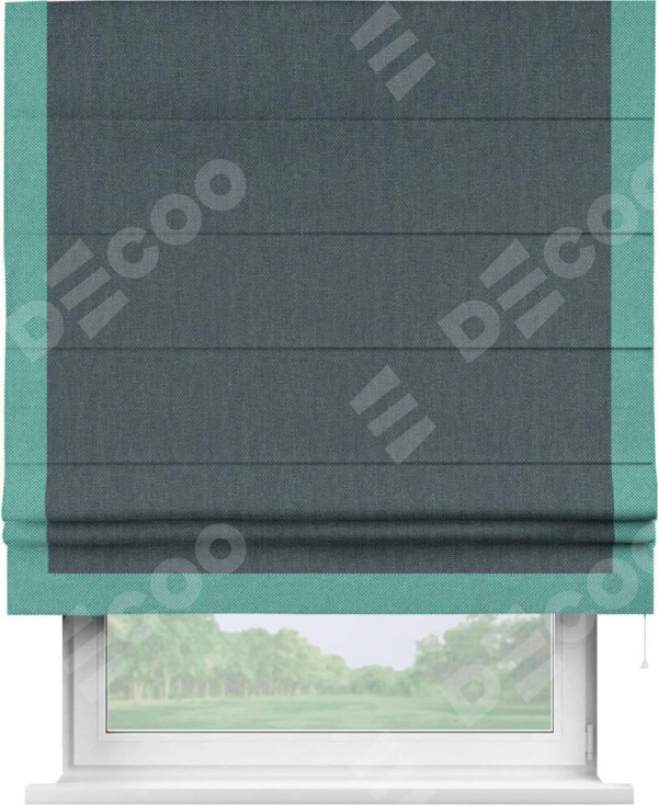 Римская штора «Кортин» с кантом Виктория, для проема, ткань лён димаут, серо-синий