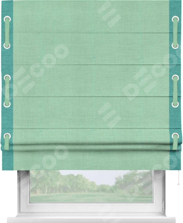 Римская штора «Кортин» с кантом Стрим Дуо (люверсы с пояском), для проема, ткань лён светло-бирюзовый