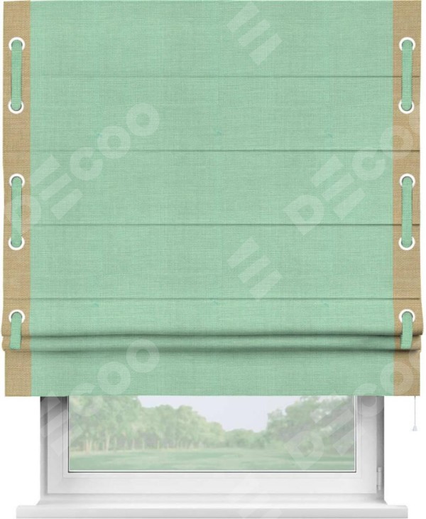 Римская штора «Кортин» с кантом Стрим Дуо (люверсы с пояском), для проема, ткань лён светло-бирюзовый