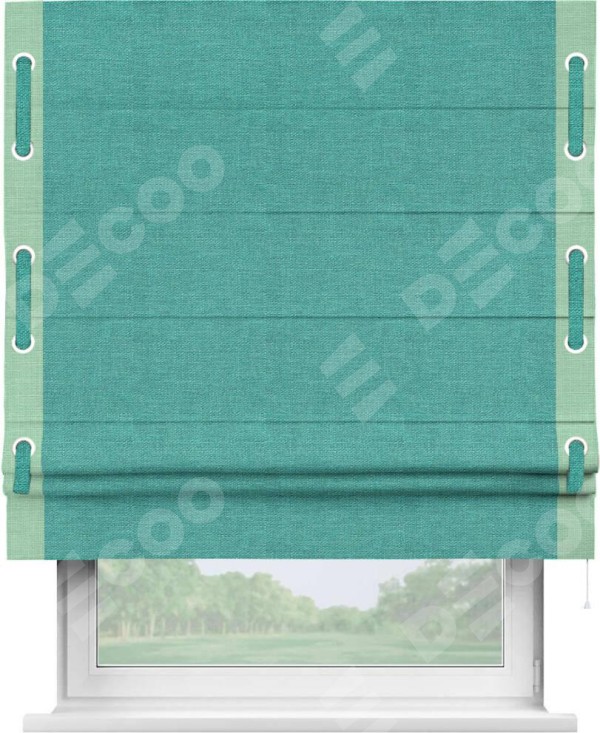Римская штора «Кортин» с кантом Стрим Дуо (люверсы с пояском), для проема, ткань лён изумрудный