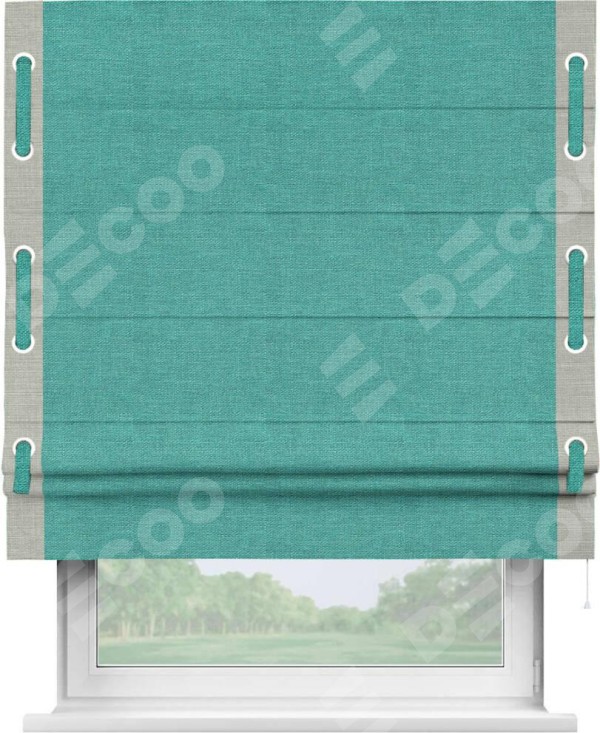 Римская штора «Кортин» с кантом Стрим Дуо (люверсы с пояском), для проема, ткань лён изумрудный
