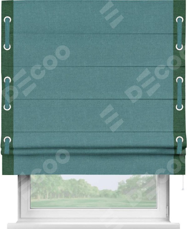 Римская штора «Кортин» с кантом Стрим Дуо (люверсы с пояском), для проема, ткань лён бирюзовый