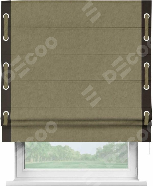 Римская штора «Кортин» с кантом Стрим Дуо (люверсы с пояском), для проема, ткань блэкаут однотонный бежево-золотой