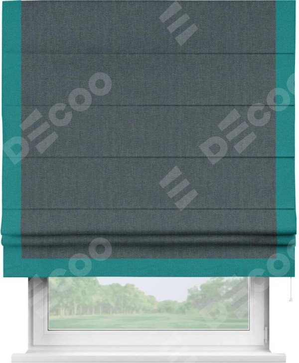 Римская штора «Кортин» с кантом Виктория, для проема, ткань лён димаут, серо-синий